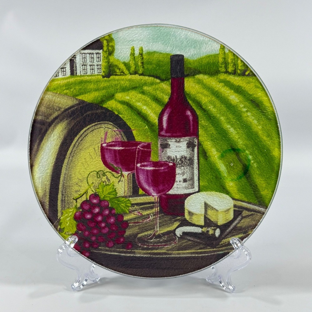 VTG Greenbriar Glass Cutting Board Vineyard Wine Cheese Round Green Kitchen 8in
